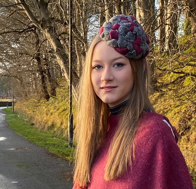 Woven Harris Tweed Hat in Burgundy and Black & White