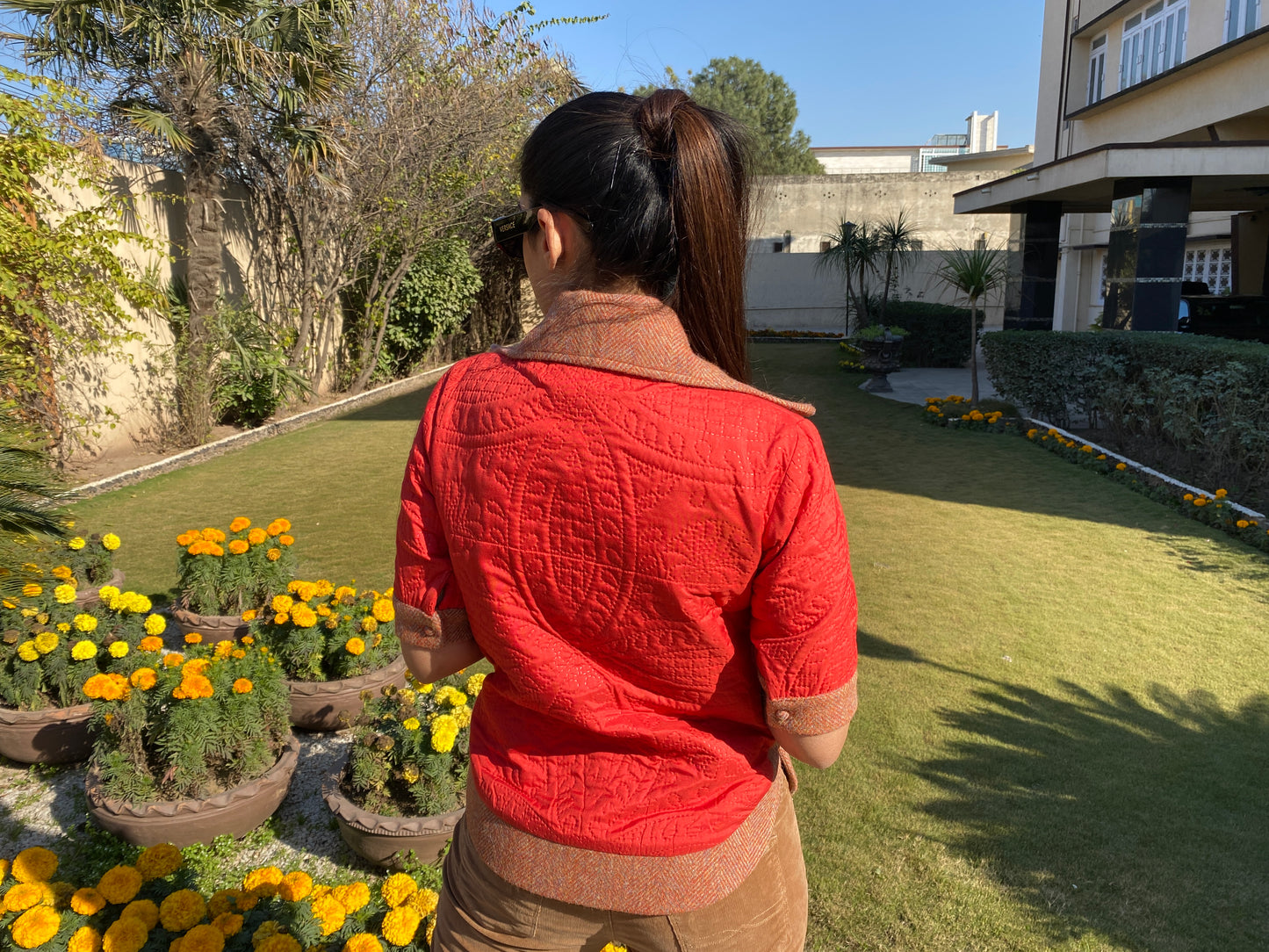 Rudraksha Jacket. Quilted front with Orange Harris Tweed