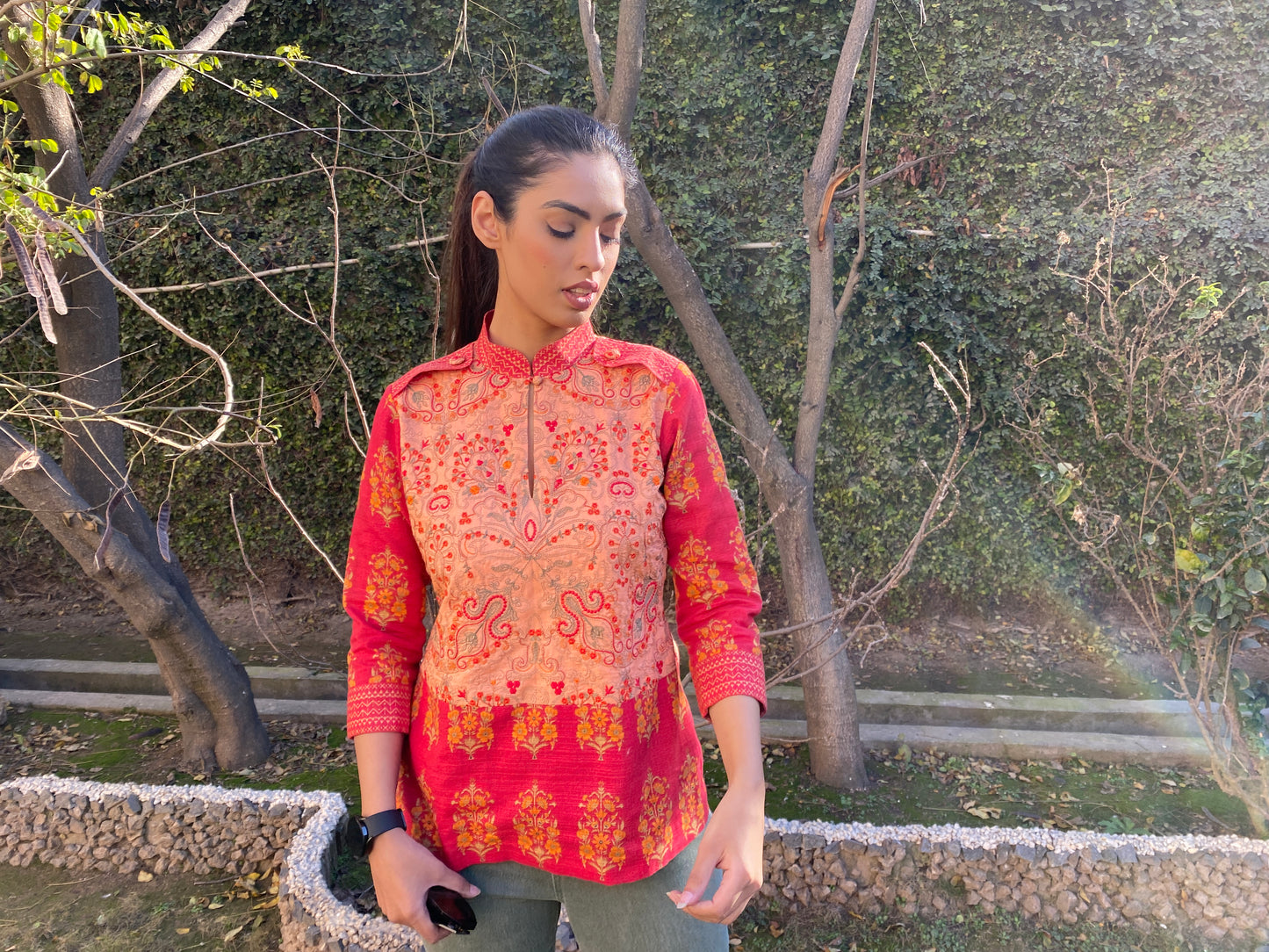 Lantana Top. Embroidered and printed cotton.