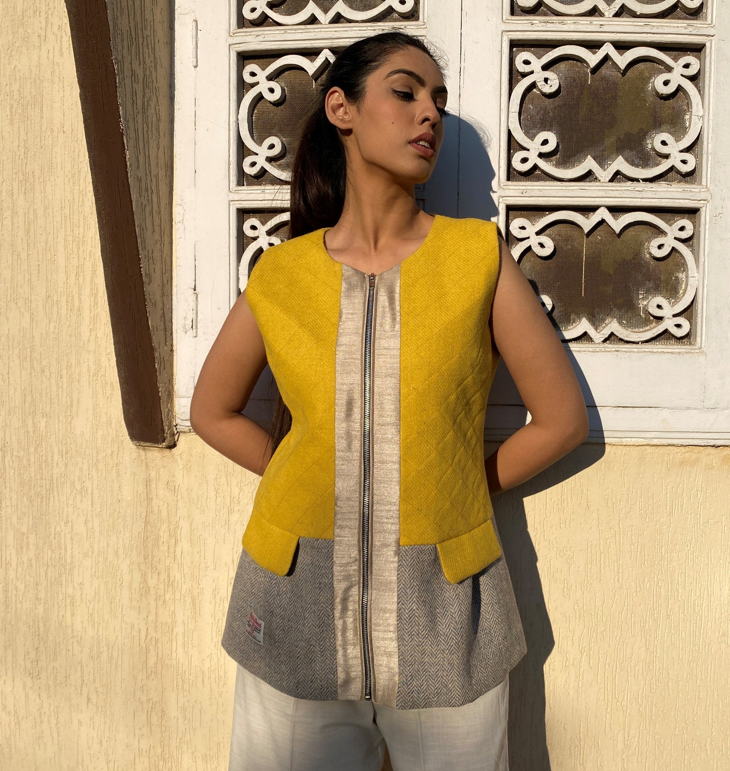 Shasta Vest. Yellow and grey herringbone Harris Tweed