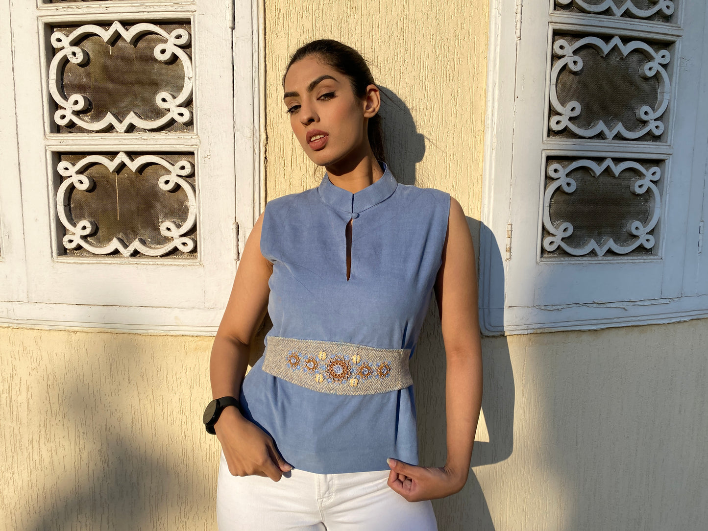 Jasmin Top with Harris Tweed belt and Hand Embroider - Short Blue