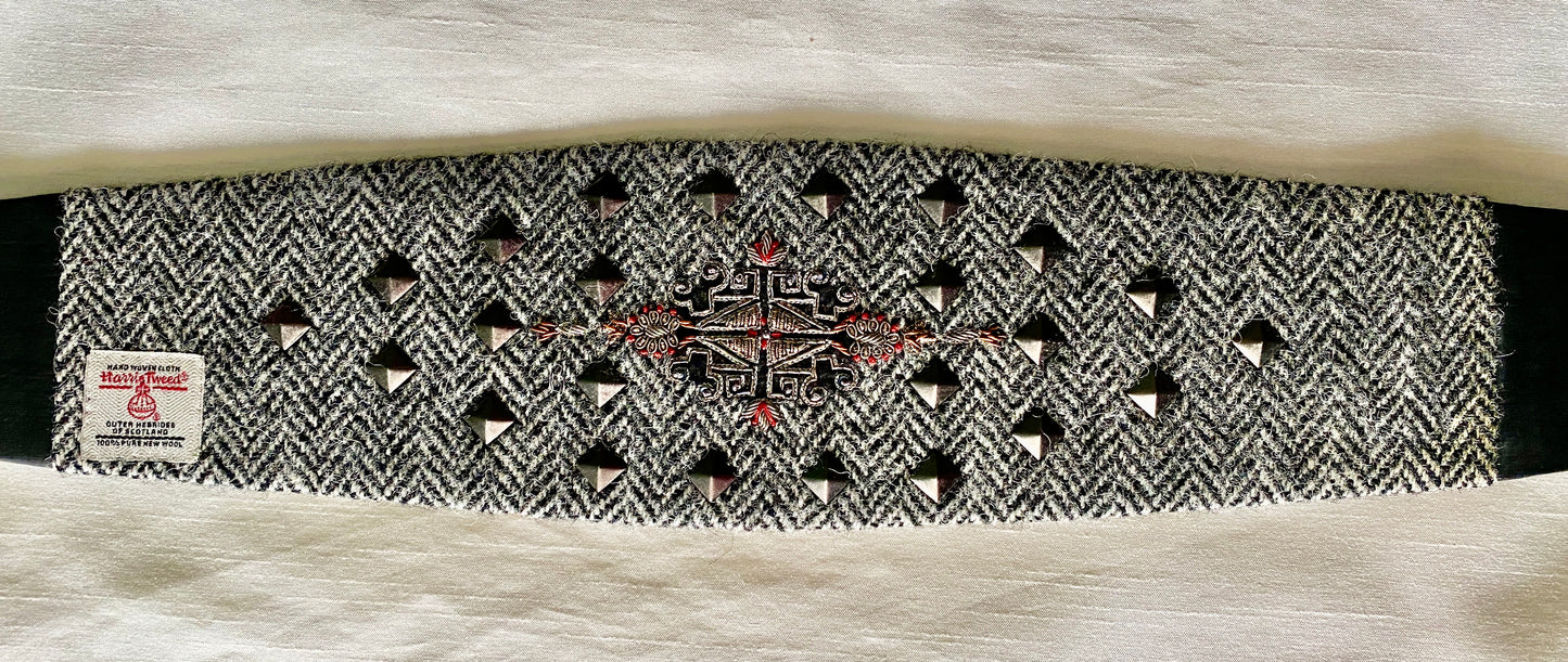 Lotus Belt with Harris Tweed & Hand Embroidery - B&W Studs