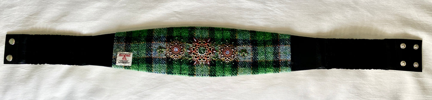 Lotus Belt with Harris Tweed & Hand Embroidery - Green Plaid