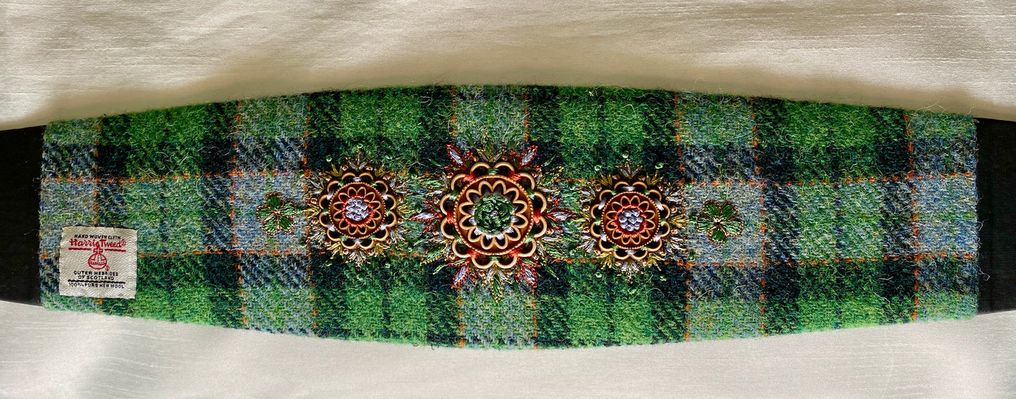 Lotus Belt with Harris Tweed & Hand Embroidery - Green Plaid