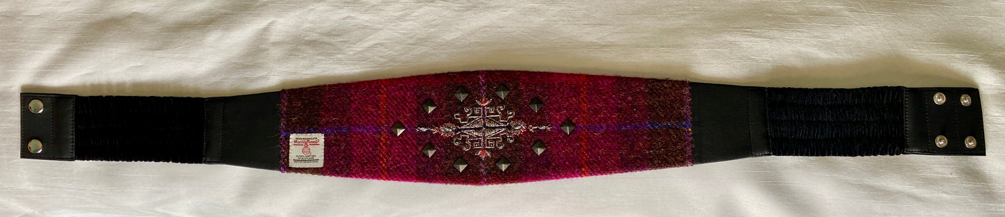 Lotus Belt with Harris Tweed & Hand Embroidery - Burgundy