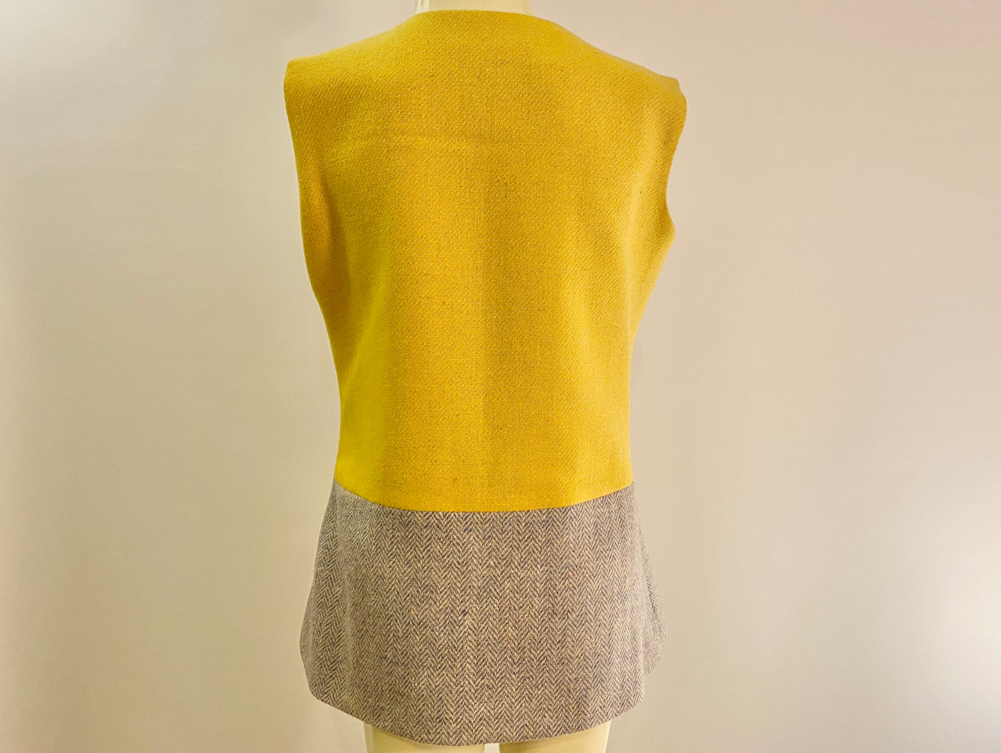 Shasta Vest. Yellow and grey herringbone Harris Tweed