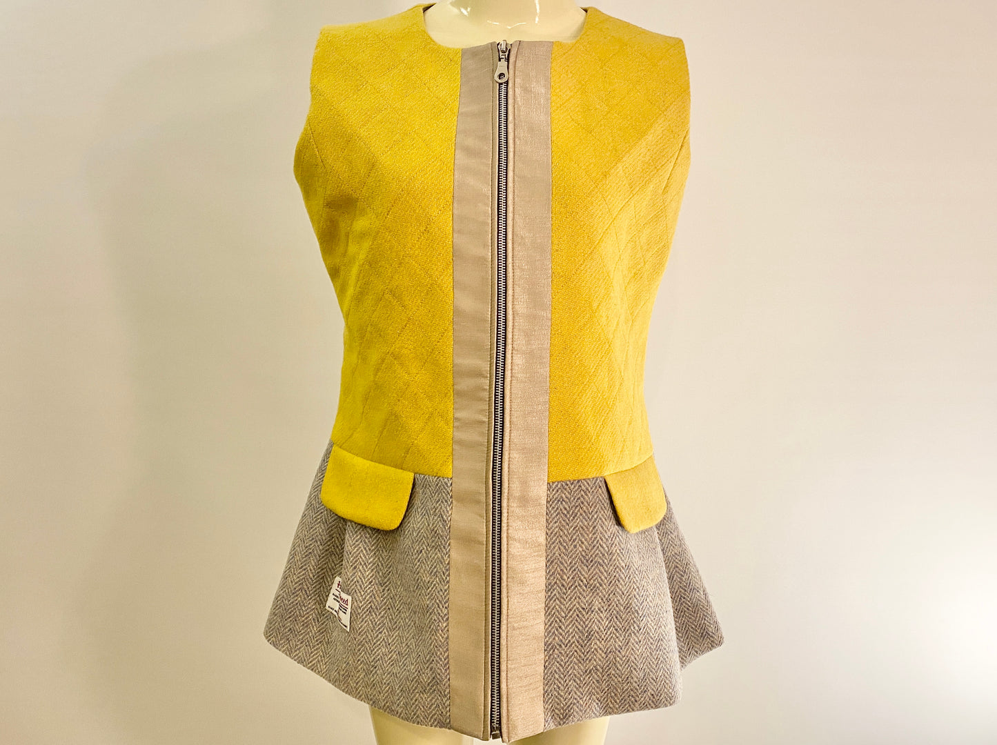 Shasta Vest. Yellow and grey herringbone Harris Tweed