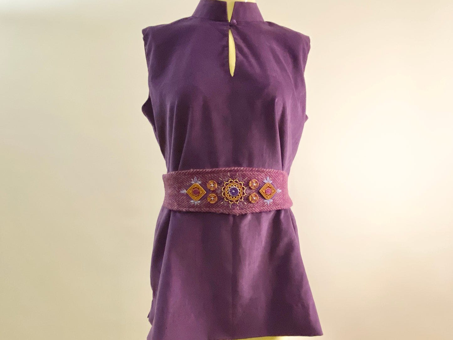 Jasmin Top w Harris Tweed belt and Hand Embroidery - Purple