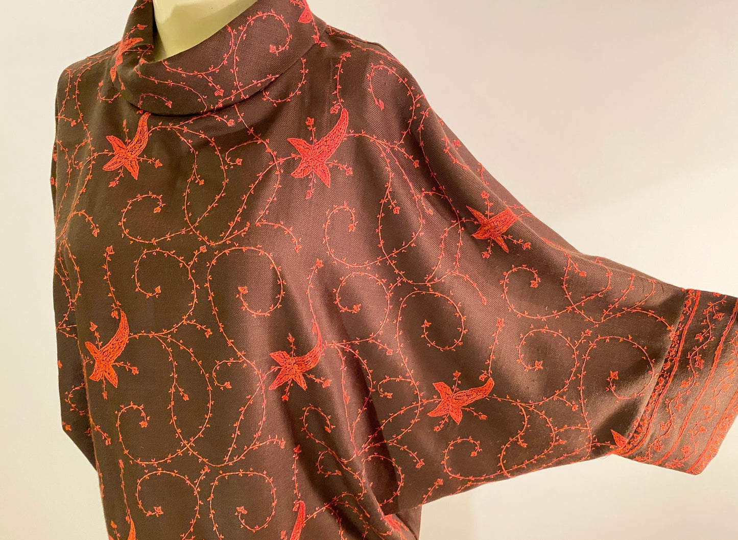 Taka Shawl Shirt in Brown with Pink Embroidery