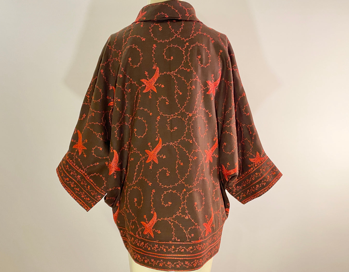 Taka Shawl Shirt in Brown with Pink Embroidery