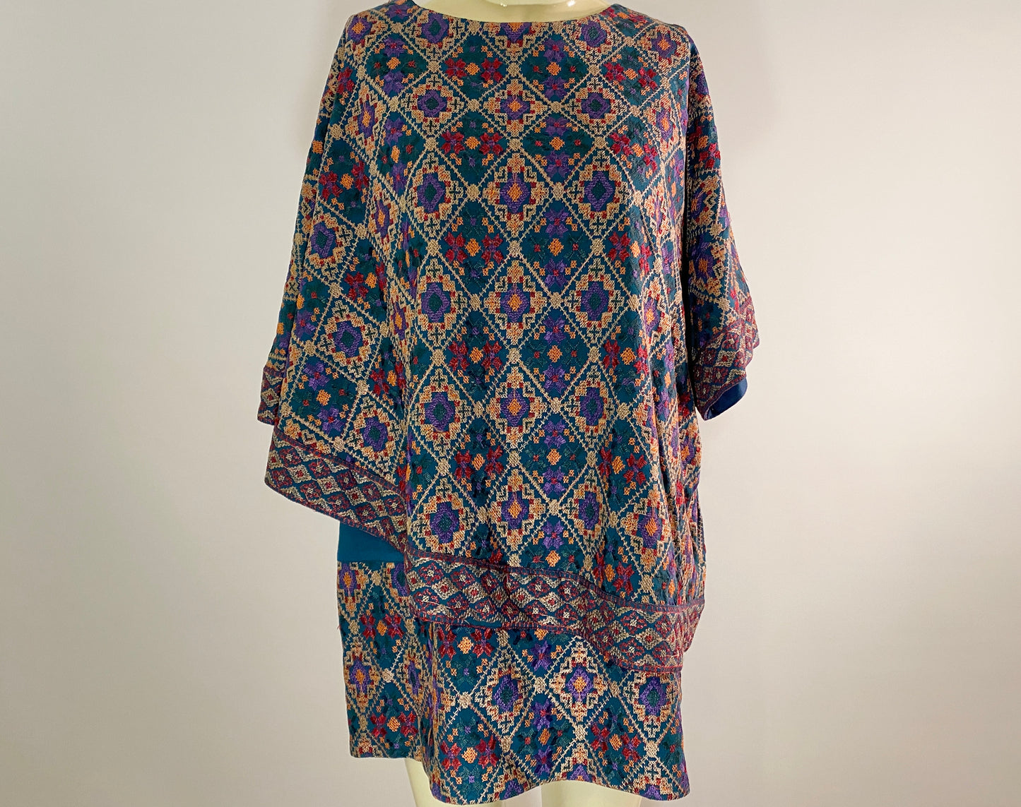 Petal Shawl Shirt in Turquoise Dense Cross Stitch