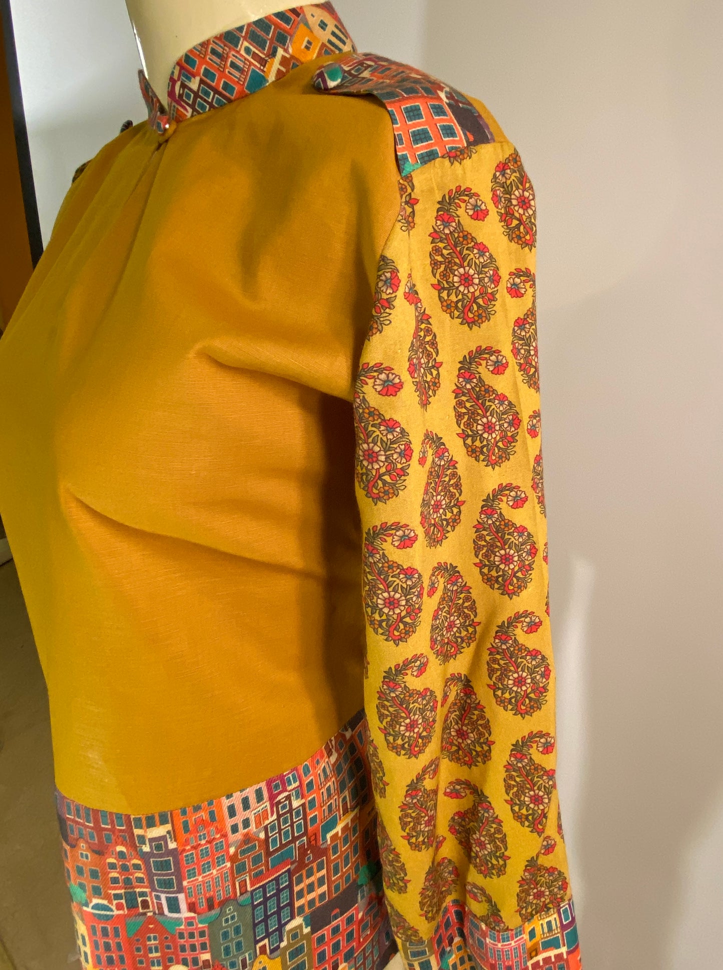 Lantana Shirt. Mix of Boho Printed Cotton in Mustard