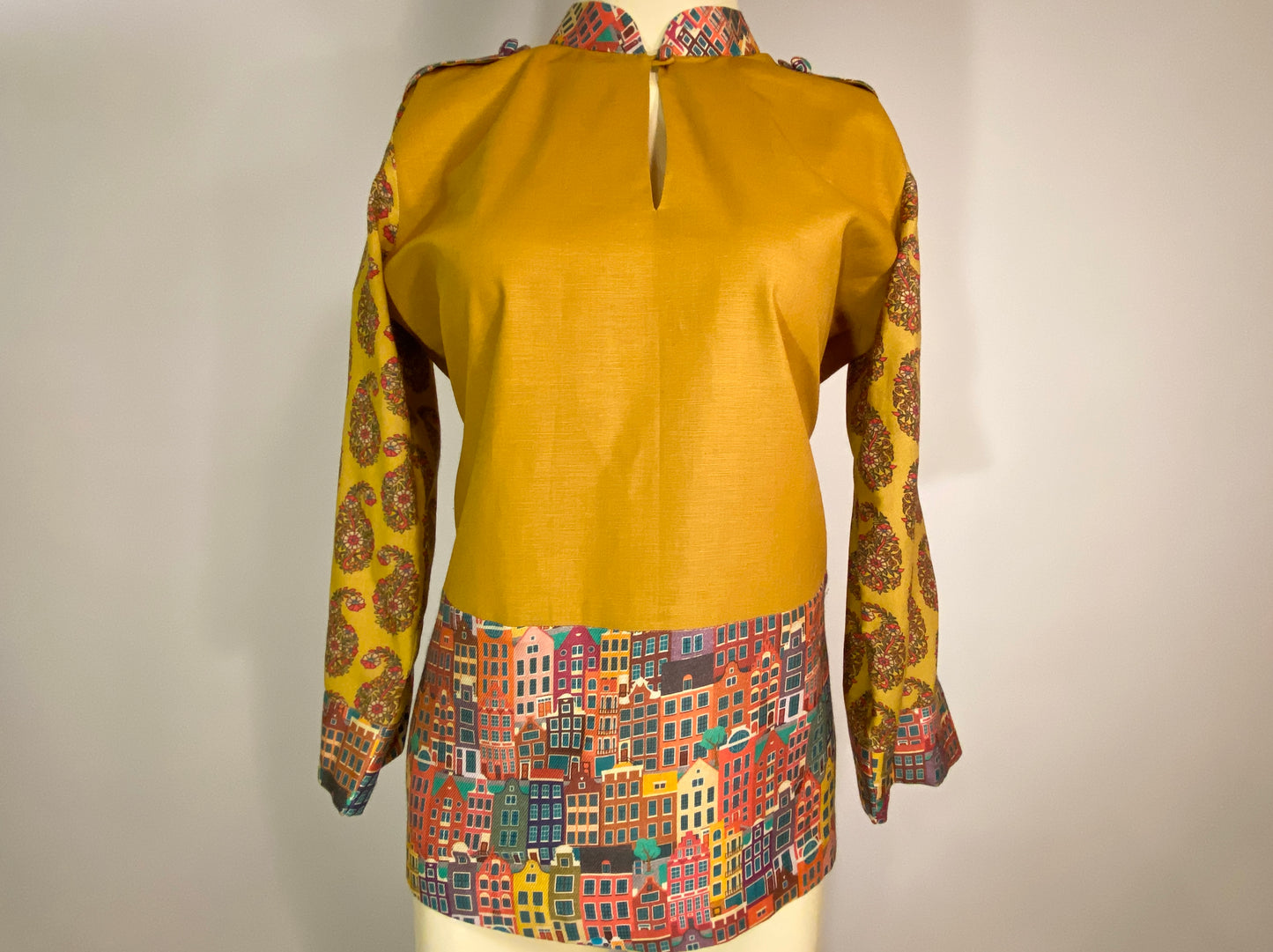 Lantana Shirt. Mix of Boho Printed Cotton in Mustard