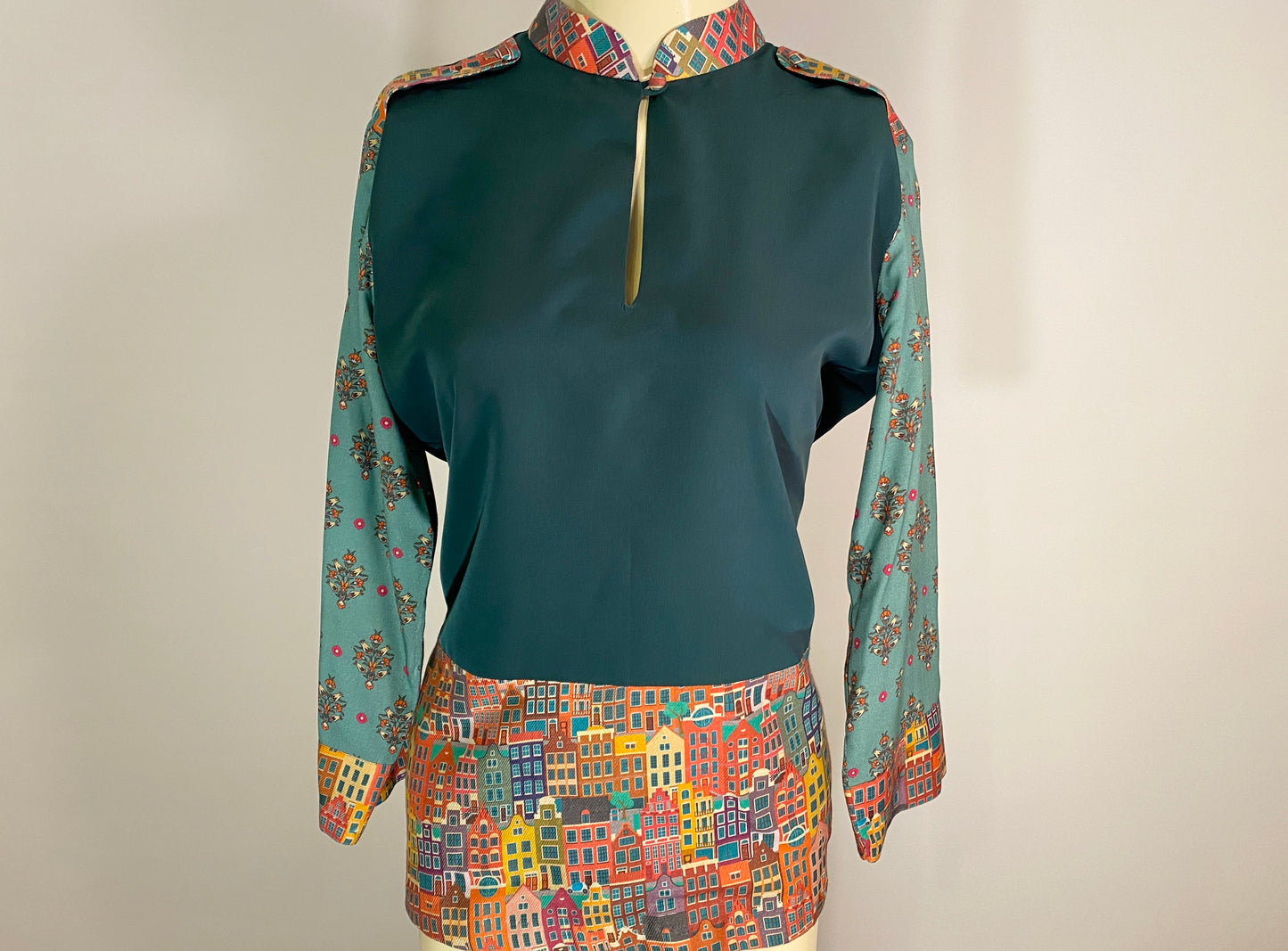 Lantana Shirt. Mix of Boho Printed Cotton in Teal