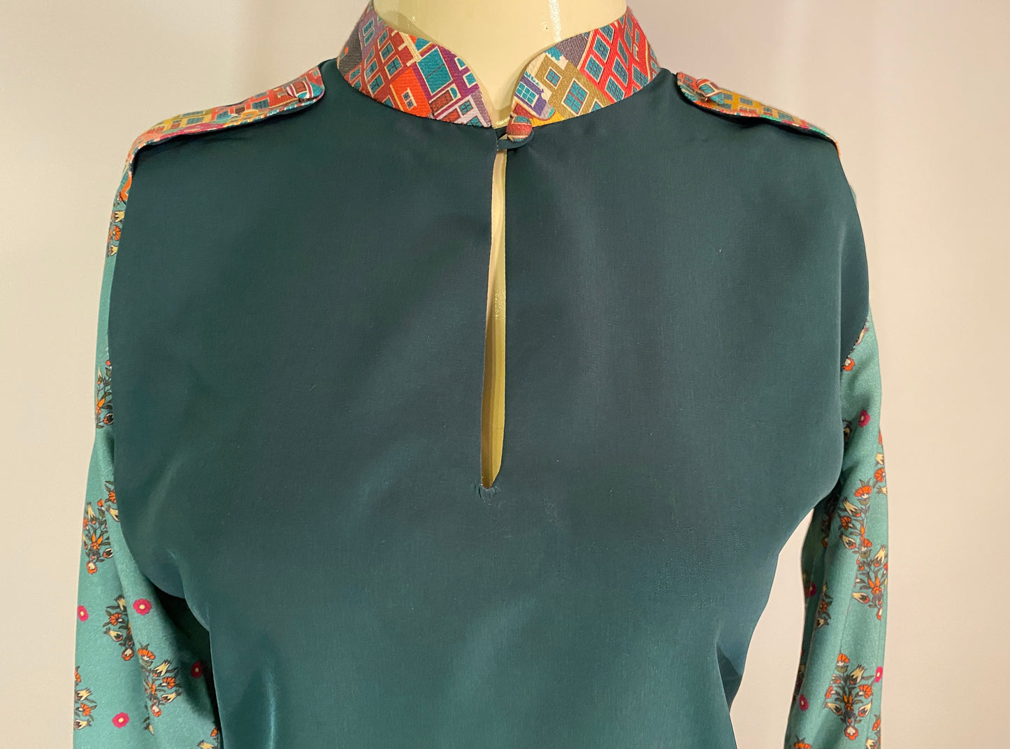 Lantana Shirt. Mix of Boho Printed Cotton in Teal